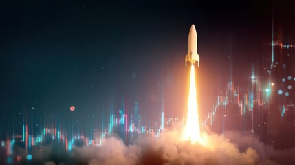 a rocket launch against a background with stock market charts, a financial concept idea