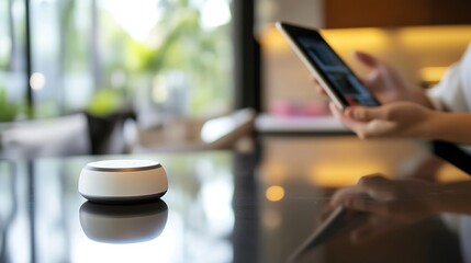 A person interacting with a digital device in a modern kitchen setting featuring a small smart home gadget on a sleek countertop, emphasizing technology and lifestyle