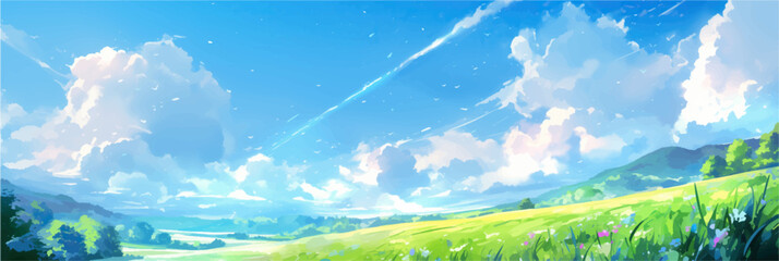 Fototapeta premium wide panorama view on green field and blue sky with white clouds in anime style vector illustration