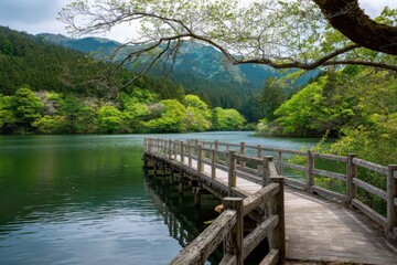 Fototapeta premium a wooden bridge over the lake, a green forest background