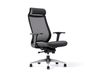 Isolated modern office chair, ergonomic design, mesh backrest
