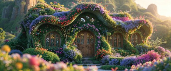Colorful flowers cascade around an enchanting structure that merges seamlessly with nature. The whimsical design features curved lines and wooden doors, inviting exploration in a serene landscape