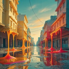 Obraz premium An unusual city street showcases vibrant buildings with melting forms, creating a dreamlike atmosphere. The colorful reflections in the wet pavement enhance surrealism at sunset