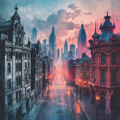 Naklejka premium Historic buildings stand in stark contrast to modern skyscrapers on a deserted urban street at twilight, bathed in surreal lighting. The atmosphere carries an air of mystery and awe
