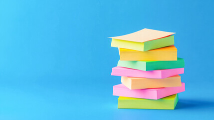 Colorful sticky notes stacked neatly against a vibrant blue background in a modern workspace
