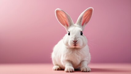 Obraz premium A white rabbit with large ears and wide, expressive eyes is pictured against a pink background.