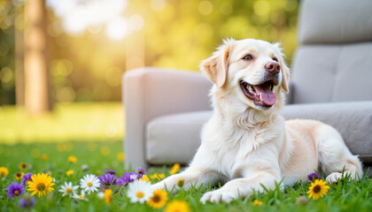 Happy dog relaxing in vibrant flowers near sofa, pet adoption awareness