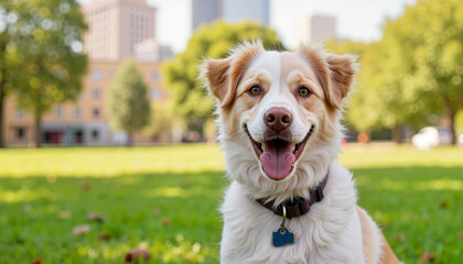 Cheerful dog smiling in city park, promoting pet adoption