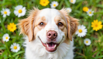 Happy dog posing among flowers in sunny garden, pet adoption joy