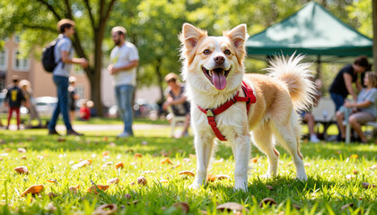 Happy dog enjoying pet adoption event in city park, community spirit