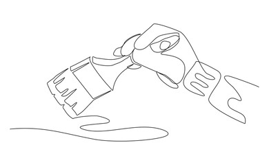 Continuous single line of hand holding flat painter brush for wall building painting and artistic drawing. Handyman equipment and painter tool editable stroke sketch drawing vector illustration