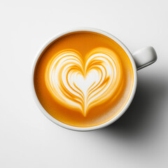 A beautifully crafted latte with intricate heart-shaped foam art in a white cup, perfect for coffee lovers.