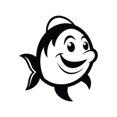 Black and white smiling fish character in simple line art on white background.eps