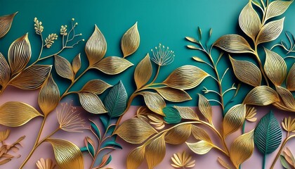 Floral background gold vines leaves and flower stems on border of colorful background minimal plant outlines