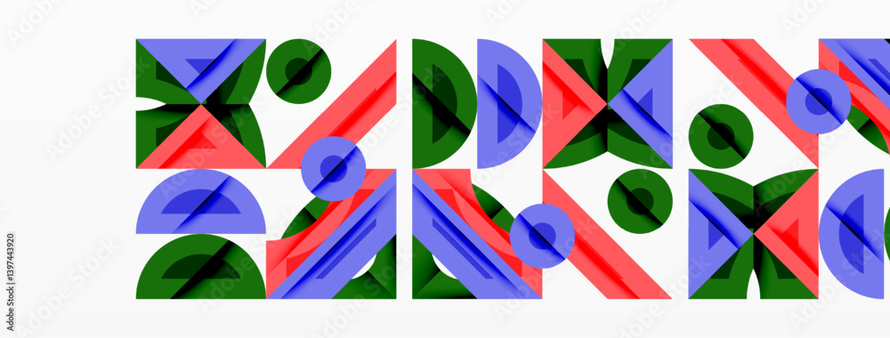 Poster abstract geometric pattern. repeating shapestriangles, circles, rectanglesinterlock. blue, green, re