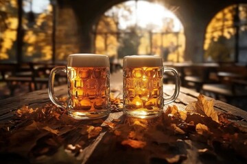 Cozy autumnal outdoor cafe scene with two mugs of golden beer on wooden table surrounded by fallen leaves