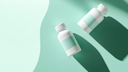 Floating supplement bottles create a serene and minimalistic aesthetic on a muted green background