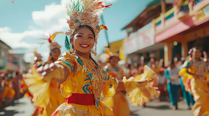 Sinulog Festival, a colorful parade with participants dressed in bright traditional Filipino costumes, dancing energetically on the main street. AI generated images.