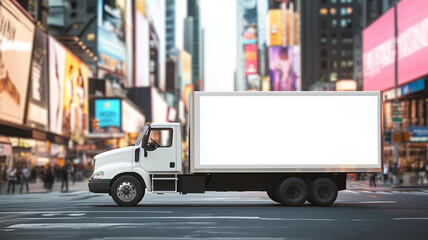 White box billboard truck driving on bright city street with empty ad space for branding campaign and mobile billboard concept