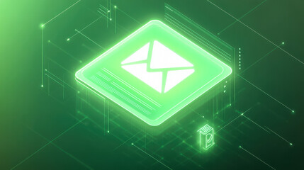 The design showcases an isometric white speech bubble with an email symbol at its center