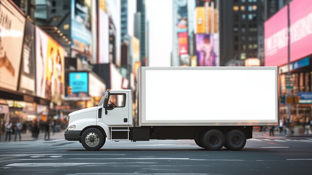 White box billboard truck driving on bright city street with empty ad space for branding campaign and mobile billboard concept