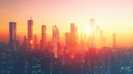 Fototapeta premium Glowing City Skyline with Forex Graph Overlay at Sunset