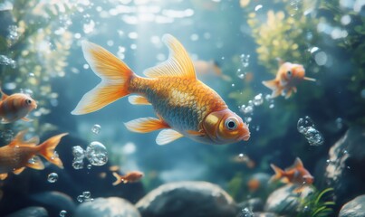 Naklejka premium Goldfish gracefully navigating their underwater home, surrounded by air bubbles and lush green plants