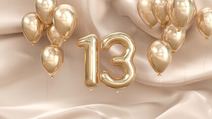 Obraz premium Golden Floating Balloon Number Thirteen on Soft Luxury Fabric