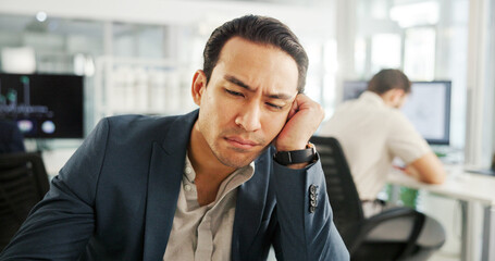 Business, tired and man in office, fatigue and frustrated with deadline, overwhelmed and...