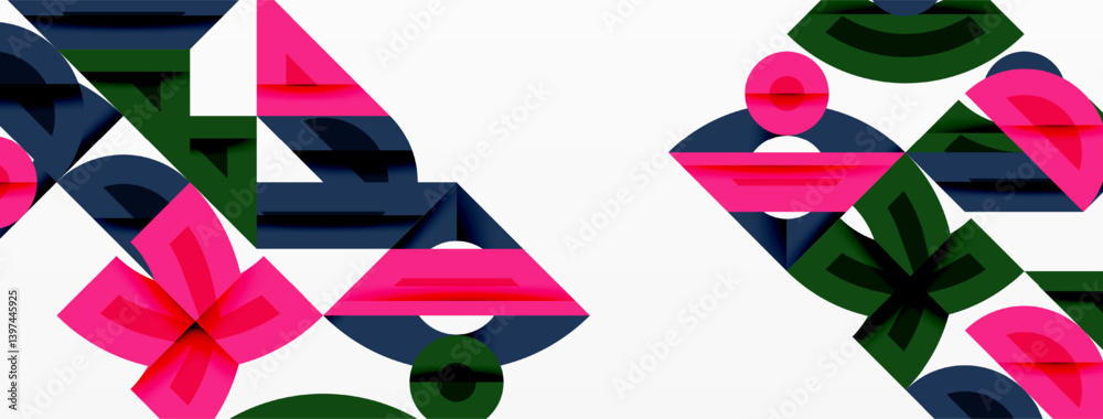 Poster Abstract geometric shapes overlap, creating vibrant patterns. Pink, dark blue, green elements dominate white background. Modern design, clean lines, dynamic composition.