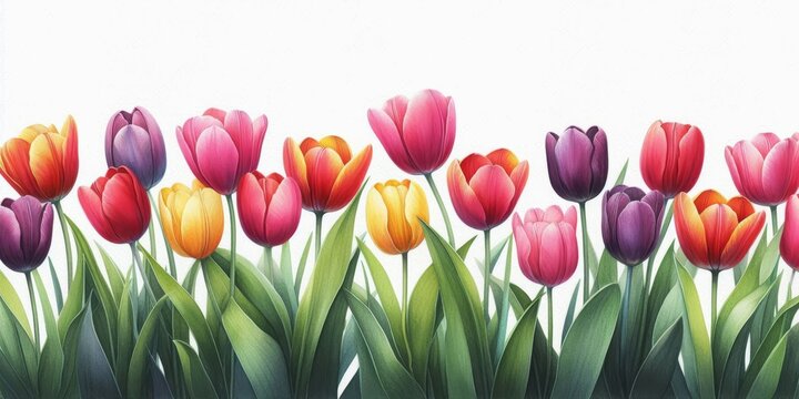 Ilustraci&oacute;n de fila de tulipanes de colores vibrantes. fondo blanco