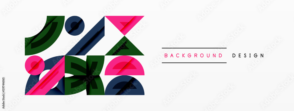 Poster abstract geometric shapes overlap, creating dynamic composition. pink, green, navy hues dominate des