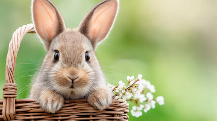 Cheerful bunny is resting in a basket on a sunny meadow
