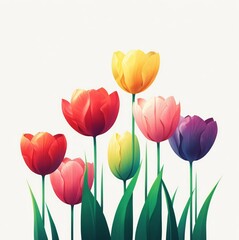 Ilustración de fila de tulipanes de colores vibrantes. fondo blanco