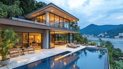 Obraz premium Modern home featuring an infinity pool overlooking water and distant city lights