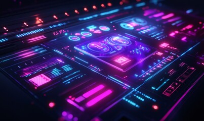 Futuristic interface displaying complex data analysis with glowing neon charts, graphs, and control panels
