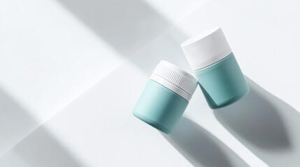 Matte-finish supplement bottles in soft pastel colors elevated above a sleek white surface