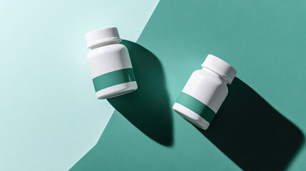 Minimalist supplement bottles suspended elegantly against a matte green background
