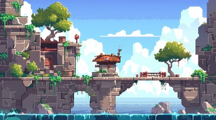 Plateformes pixel art fantastiques au-dessus de l'eau, architecture ancienne en pierre, v&eacute;g&eacute;tation luxuriante, ciel bleu nuageux, design r&eacute;tro pour jeu vid&eacute;o d'aventure