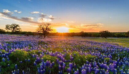 Texas Bluebonnet field at sunset