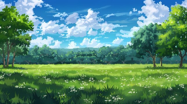 Vaste prairie pixel art ensoleill&eacute;e, herbe verte avec fleurs blanches, arbres feuillus &eacute;pars, ciel bleu vif avec nuages, ambiance paisible et estivale, design r&eacute;tro