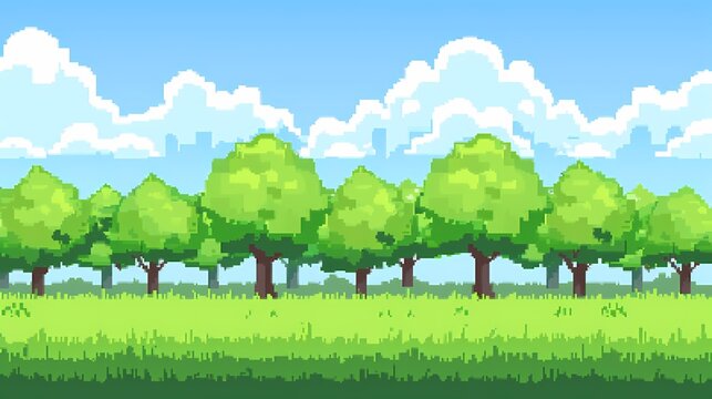 Paysage pixel art printanier, rang&eacute;e d'arbres verts feuillus sur prairie, ciel bleu clair avec nuages blancs, ville lointaine en silhouette, ambiance paisible et ensoleill&eacute;e