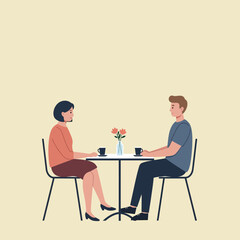 Two people sitting at a small table in a cozy café, enjoying coffee, in a flat vector illustration