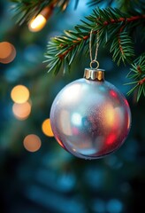 Fototapeta premium A gleaming silver bauble hangs from a pine bough, reflecting festive lights, decor, december, hanging