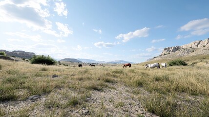 Obraz premium Horses grazing in a vast open field under a clear blue sky with distant mountains in the background.