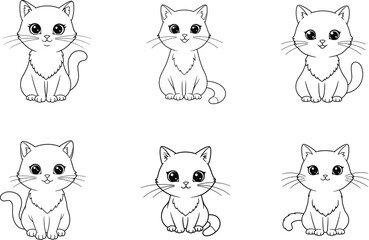 Set of Cute Cartoon Cat Line Art Vector Illustrations – Adorable Kittens for Coloring and Craft Projects