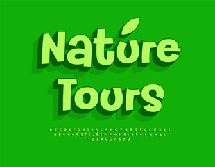 Vector Green template Nature Tours. Creative Bright 3D Font. Playful Digital Alphabet Letters and Numbers set.