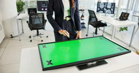 Corporate, woman and touch with green screen in office of information, medical proposal and feedback. Person, chromakey display and tracking markers, interactive and mockup space for neurology report