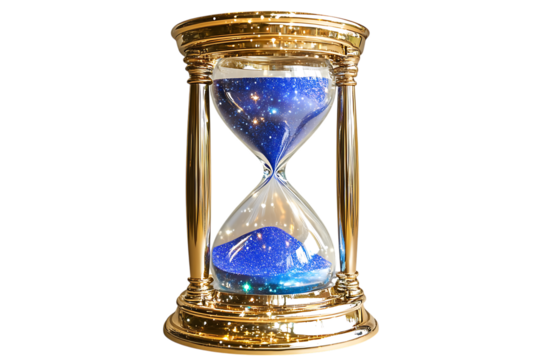Elegant hourglass with golden frame and blue stardust sand on a trasparent background