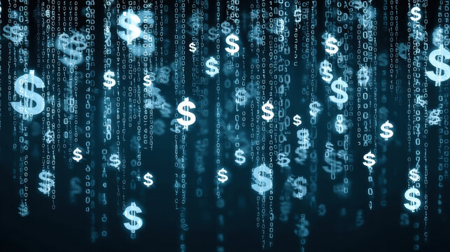 Digital dollar signs cascade among binary code symbolizing business costs in tech driven economy